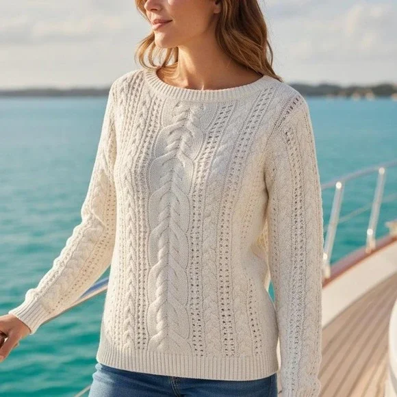 Lauren Ralph Lauren Cable Knit Boat Neck Cotton Sweater Womens M Preppy Yacht - Picture 1 of 4